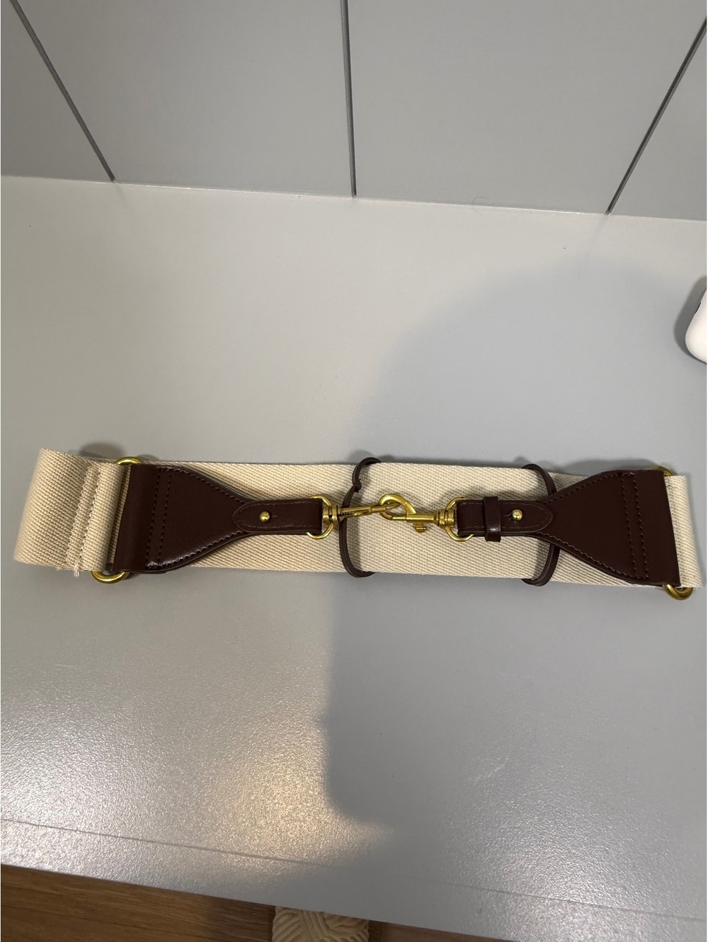 Adjustable Canvas and Brown Leather Belt with Gold Hardware Equestrian Preppy